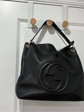 Black Leather Hobo Bag with Embossed Logo